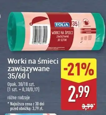 ALDI Worki na śmieci 60 l rolka Folia oferta