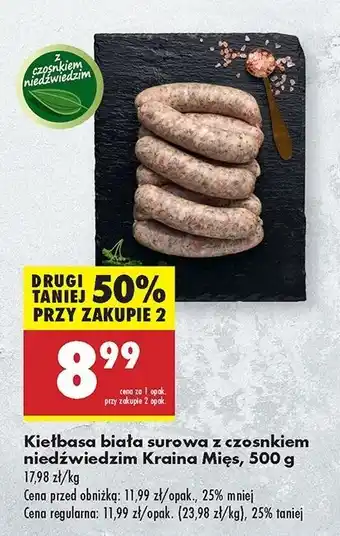 Biedronka Kiełbasa biała surowa z czosnkiem niedźwiedzim Kraina Mięs oferta