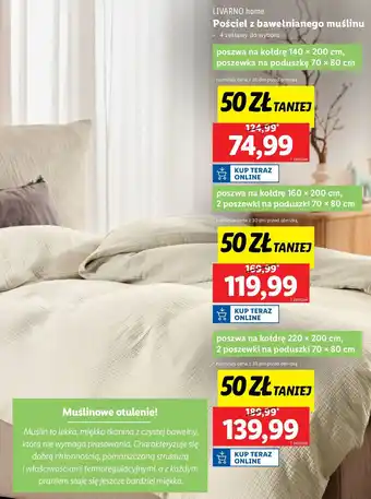 Lidl Komplet pościeli z bawełnianego muślinu 220 x 200 cm + 2 70 80 Livarno Home oferta