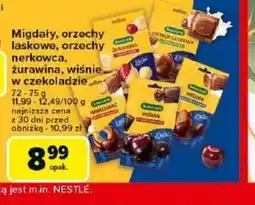 Carrefour Migdały, orzechy laskowe, orzechy nerkowca, żurawina, wiśnie w czekoladzie oferta