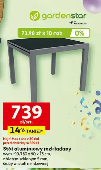 Auchan Stół aluminiowy rozkładany 90/180 x 90 75 cm Garden Star oferta