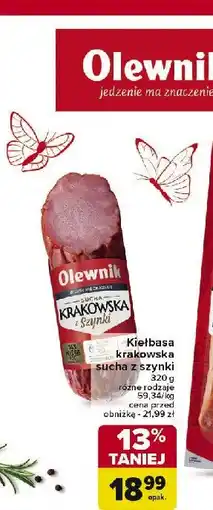 Carrefour Market Kiełbasa krakowska sucha z szynki Olewnik oferta