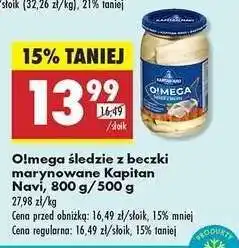 Biedronka O!mega śledzie z beczki marynowane Kapitan Navi, 800 g/500 g oferta