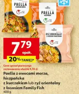 Auchan Paella z owocami morza, hiszpańska z kurczakiem lub ryż orientalny z łososiem Family Fish oferta