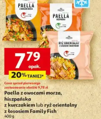 Auchan Paella z owocami morza, hiszpańska z kurczakiem lub ryż orientalny z łososiem Family Fish oferta