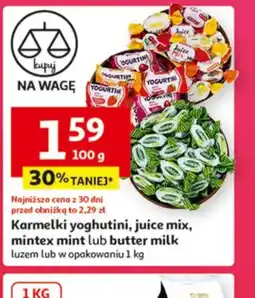 Auchan Karmelki yoghutini, juice mix, mintex mint lub butter milk oferta