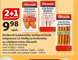 Auchan Kiełbaski krakowskie, kiełbaski białe wieprzowe lub kiełbasa królewska ze schabem ostra Olewnik oferta