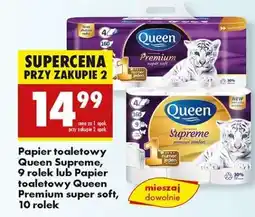 Biedronka Papier toaletowy Queen Supreme, 9 rolek lub Papier toaletowy Queen Premium super soft, 10 rolek oferta