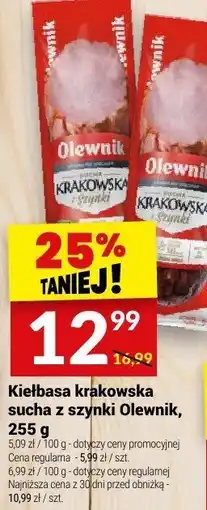 Twój Market Kiełbasa krakowska sucha z szynki Olewnik 255 g oferta