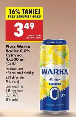 Biedronka Piwo Warka Radler 0,0 Cytryna , 4x500 ml oferta