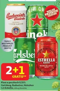 Auchan Piwa w puszkach Carlsberg, Budweiser, Heineken lub Estrella oferta