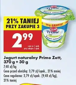 Biedronka Jogurt naturalny Primo Zott, 370 g + 30 g oferta