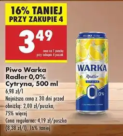 Biedronka Piwo Warka Radler 0,0% Cytryna, 500 ml oferta