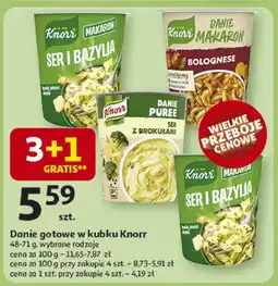 Auchan Danie gotowe w kubku Knorr ser i bazylia/bolognese/puree z brokułami oferta