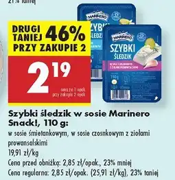 Biedronka Szybki śledź w sosie Marinero Snack w sosie czosnkowym z ziołami prowansalskimi oferta