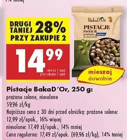 Biedronka Pistacje BakaD'Or prażone solone, niesolone, 250 g oferta