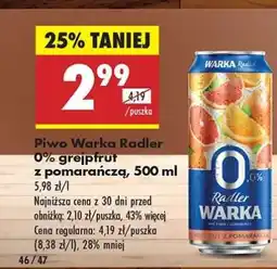 Biedronka Piwo Warka Radler 0% grejpfrut z pomarańczą, 500 ml oferta