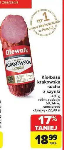 Carrefour Kiełbasa krakowska sucha z szynki Olewnik oferta