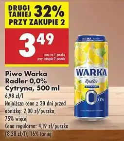 Biedronka Piwo Warka Radler 0,0% Cytryna, 500 ml oferta