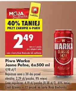 Biedronka Piwo Warka Jasne Pełne , 6x500 ml oferta