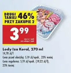 Biedronka Lody śmietankowo-cytrynowo-truskawkowo-czekoladowe z sosem porzeczkowym Koral Iza oferta