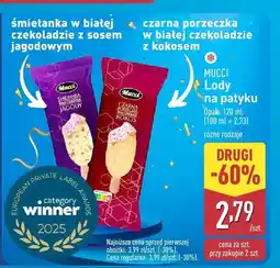 ALDI Lody na patyku Mucci czarna porzeczka w białej czekoladzie z kokosem oferta