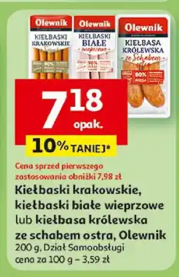 Auchan Kiełbaski krakowskie, kiełbaski białe wieprzowe lub kiełbasa królewska ze schabem ostra Olewnik oferta
