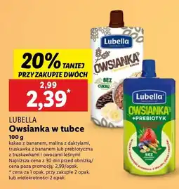 Lidl Owsianka w tubce: kakao z bananem, malina z daktylami, truskawka z bananem Lubella oferta