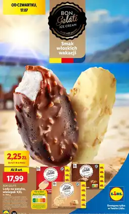 Lidl Lody na patyku: wanliiowe w polewie z ciemnej czekoladyz kawałkami migdałów XXL 8-pak Bon Gelati oferta