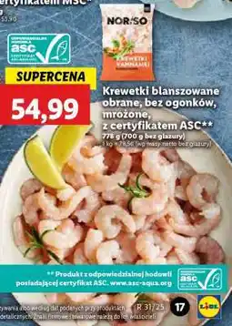 Lidl Krewetki blanszowane obrane, bez ogonków, mrożone, z certyfikatem ASC oferta