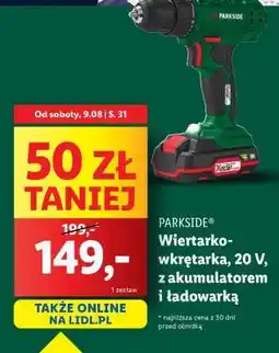 Lidl PARKSIDE Wiertarko-wkrętarka, 20 V, z akumulatorem i ładowarką oferta