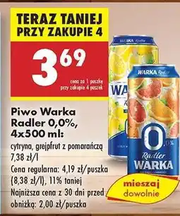 Biedronka Piwo Warka Radler 0,0%, 4x500 ml oferta