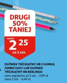 Auchan Ołówek trójkątny HB z gumką Jumbo Easy lub ołówek trójkątny HB Berlingo oferta