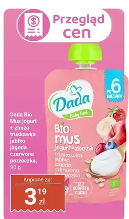 Biedronka Mus Dada Bio jogurt + zboża truskawka jabłko jagoda czerwona porzeczka oferta