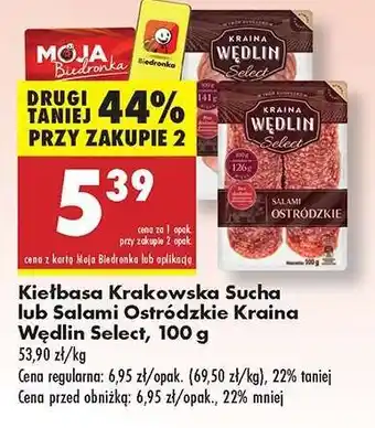Biedronka Kiełbasa Krakowska Sucha lub Salami Ostródzkie Kraina Wędlin Select , 100 g oferta