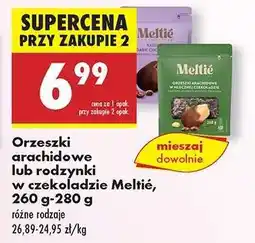 Biedronka Orzeszki arachidowe lub rodzynki w czekoladzie Meltié, 260 g-280 g oferta