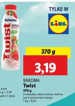 Lidl Jogurt pitny Twist owoce leśne, malina, brzoskwinia-mango Bakoma oferta