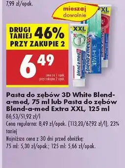 Biedronka Pasta do zębów 3D White Blend-a-med, 75 ml lub Pasta do zębów Blend-a-med Extra XXL, 125 ml oferta