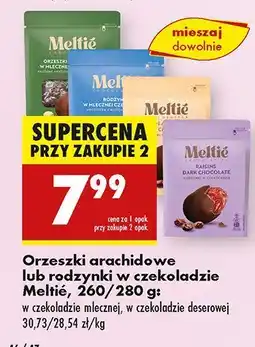 Biedronka Orzeszki arachidowe / rodzynki w czekoladzie mlecznej, deserowej Meltie oferta