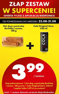 Biedronka Zestaw Hot dog z parówką Berlinką i sosem + Cola Original Zero Biedronka oferta