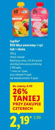Lidl Lupilu BIO Mus owocowy + ryż lub + zboża oferta