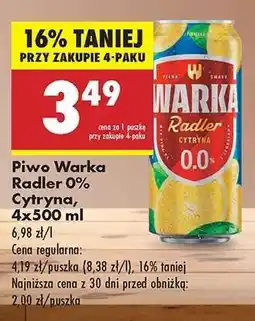 Biedronka Piwo Warka Radler 0% Cytryna, 4x500 ml oferta