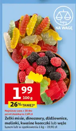 Auchan Żelki misie, dinozaury, dżdżownice, malinki, kwaśne koreczki lub węże Auchan oferta