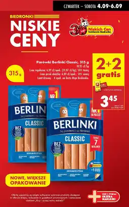 Biedronka Parówki Berlinki Classic 2+2 GRATIS oferta