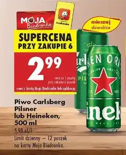 Biedronka Piwo Carlsberg Pilsner lub Heineken, 500 ml oferta