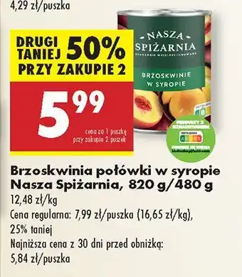 Biedronka Brzoskwinia połówki w syropie Nasza Spiżarnia oferta
