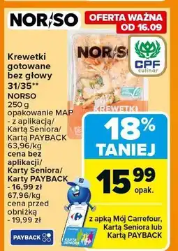 Carrefour Krewetki gotowane bez głowy 31/35 Norso oferta