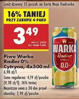 Biedronka Piwo Warka Radler 0% Cytryna, 4x500 ml oferta