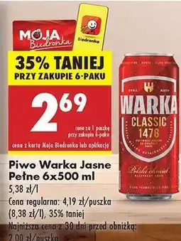 Biedronka Piwo Warka Jasne Pełne , 6x500 ml oferta