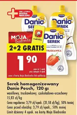 Biedronka Serek homogenizowany Danio Pouch waniliowy, truskawkowy, czekoladowo-orzechowy 2+2 GRATIS oferta